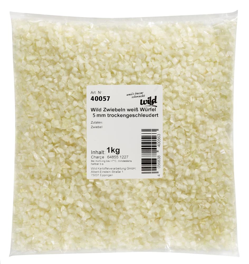 Weiße Zwiebeln, 5mm Würfel, trockengeschleudert, 1 kg Beutel Weiße Zwiebeln, 5mm Würfel, trockengeschleudert, 1 kg Beutel